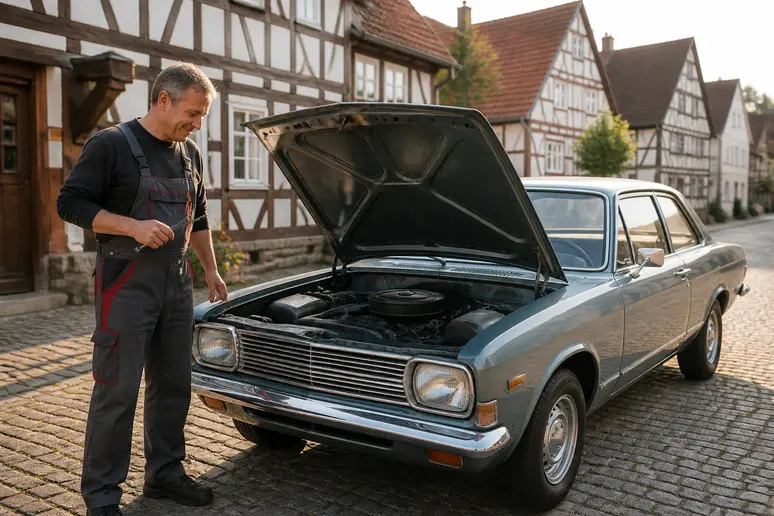 Un homme allemand souriant inspecte un german ford taunus classique dans une rue pavée allemande.