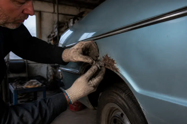 Mains gantées d'un mécanicien examinant la rouille sur un german ford taunus dans un garage.