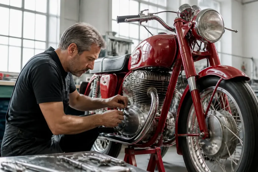 Un mécanicien effectue l'entretien d'une belle motocyclette italienne de collection dans un atelier lumineux.