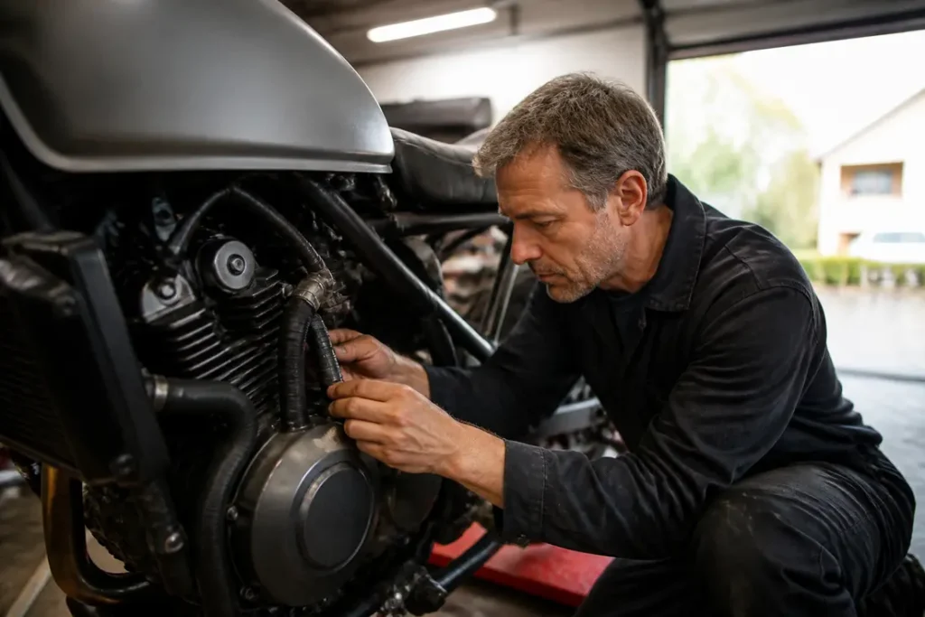 mecanicien inspectant le moteur d'une moto dans un atelier de reparation avec mtt1 ou mtt2