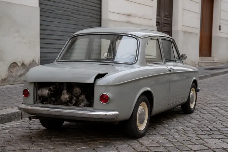 Une NSU Prinz grise stationnée dans une rue européenne avec son capot moteur arrière entrouvert