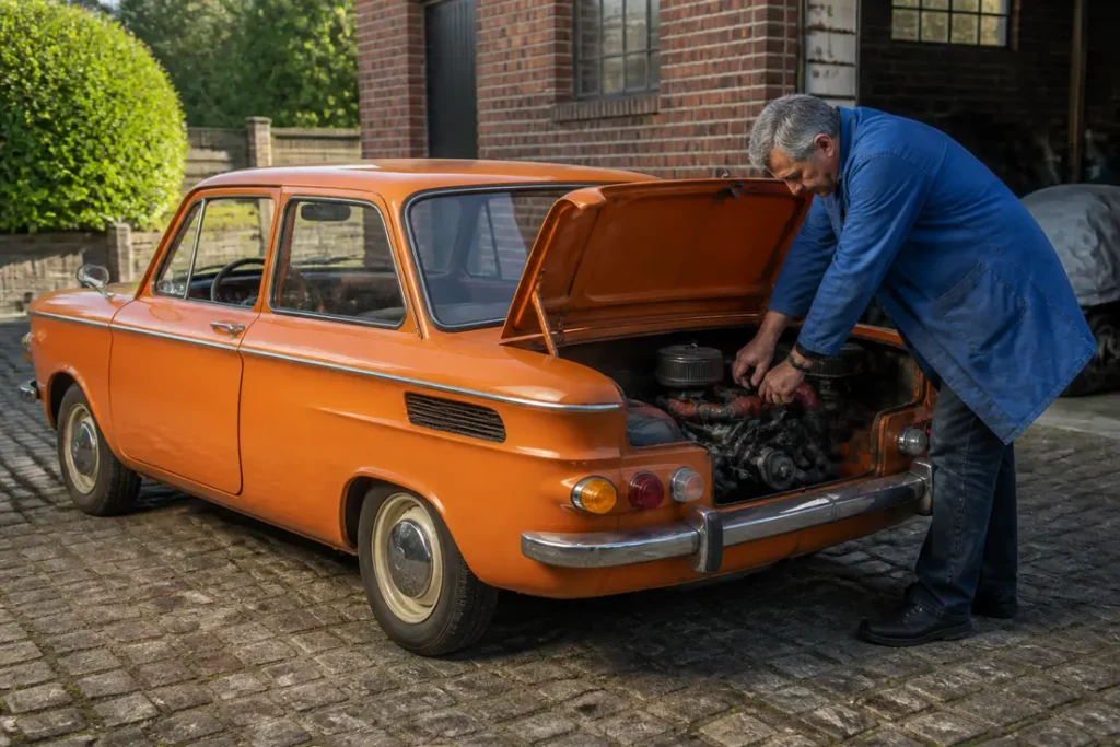 Un mécanicien inspecte le compartiment moteur d'une ancienne nsu prinz classique garée dans une cour.