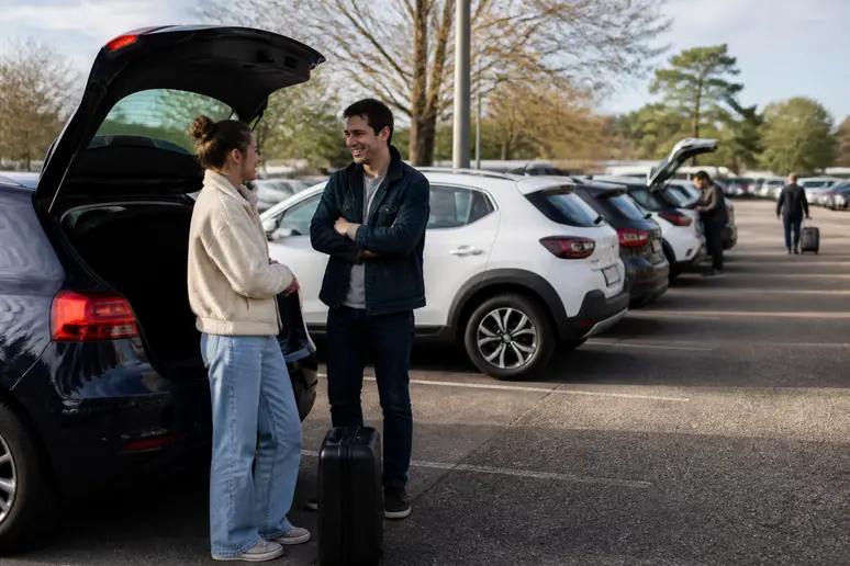 Accès au parking de covoiturage Vinci Autoroutes La Chapelle-Saint-Mesmin, préparation d'un départ entre amis.