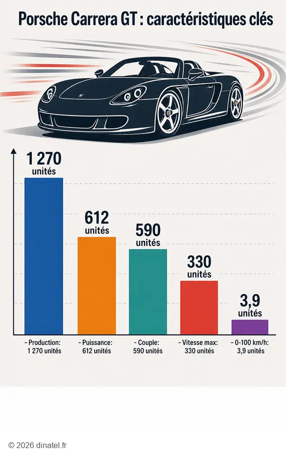 Infographie sur la Porsche Carrera GT V10 : production, puissance, couple, vitesse et accélération.