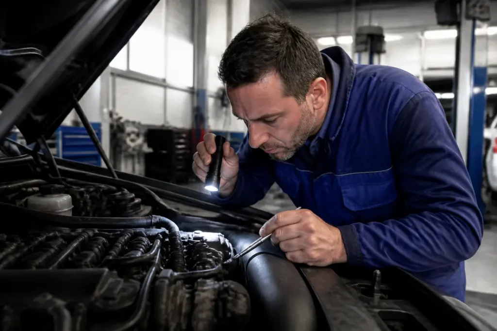 Un mécanicien en uniforme inspecte un moteur avec attention pour évaluer le prix main d oeuvre garage