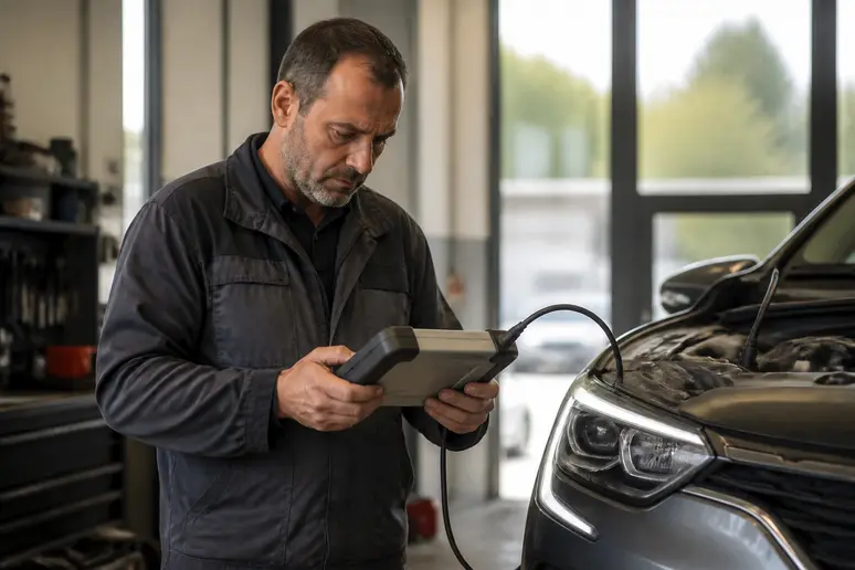 Un mécanicien français utilise le renault can clip pour diagnostiquer une voiture en atelier.