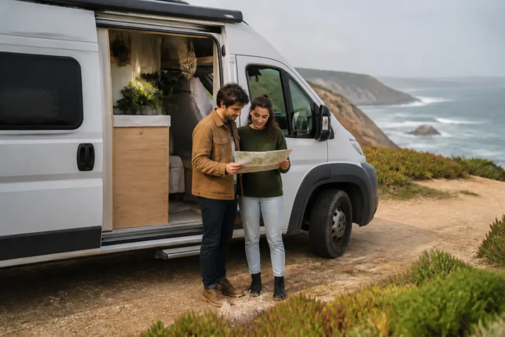Un couple prépare son itinéraire de road trip portugal en consultant une carte près de leur van