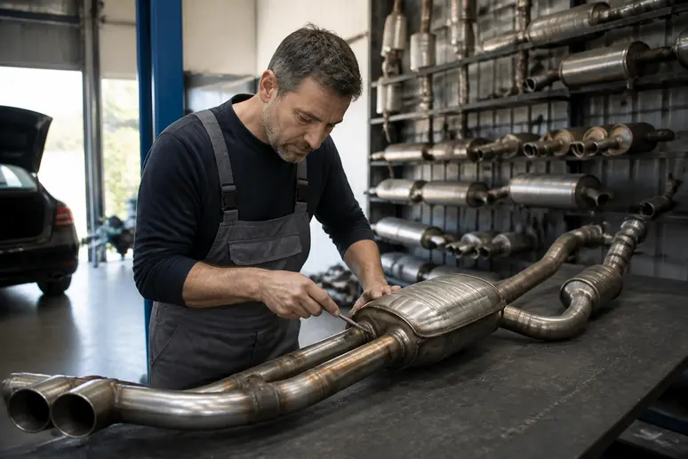 Mécanicien français inspectant un schéma de ligne d'échappement voiture avec des composants.