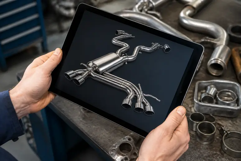 Lecture technique précise d'un schéma de ligne d'échappement voiture sur tablette.