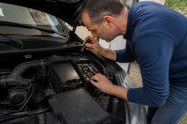 Homme inspectant le schéma sous capot Megane 3, vérifiant un boîtier de fusibles moteur.