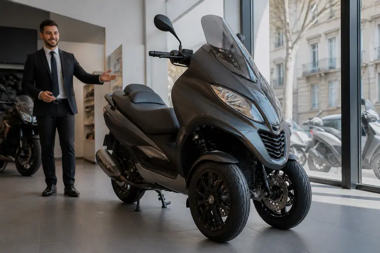 Un scooter MP3 Piaggio neuf exposé dans un showroom moderne, prêt à être acheté en 2026.