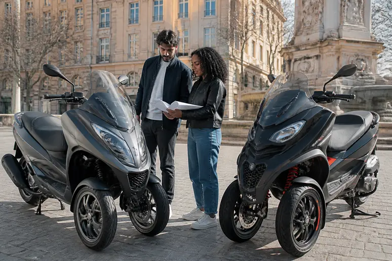 Deux personnes choisissent entre différents modèles de scooter MP3 Piaggio en 2026.