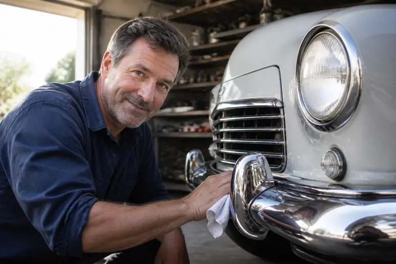 Entretien d'une Simca Ariane dans un garage, un homme lave la carrosserie.