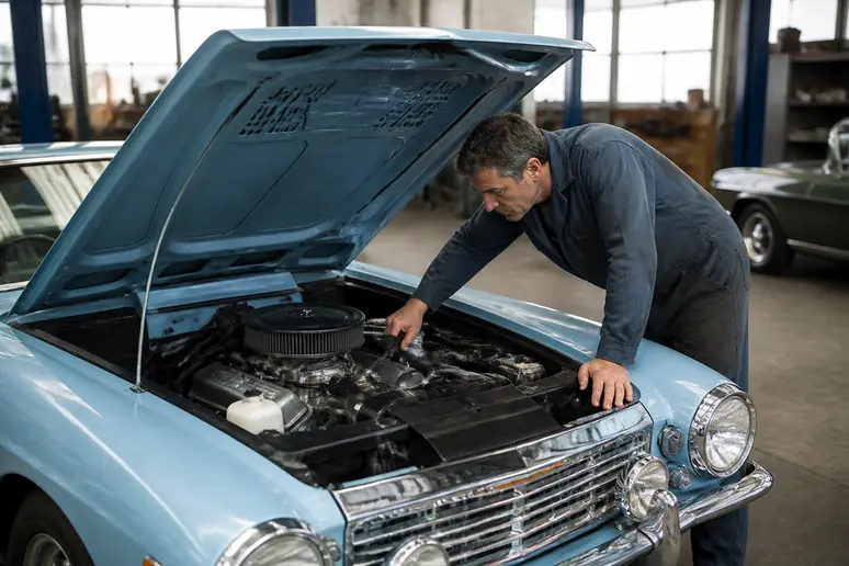 Contrôle de la mécanique dans le compartiment moteur d'une talbot samba convertible classique