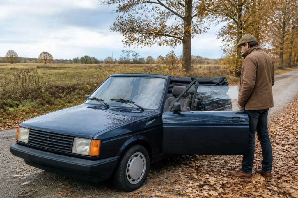 talbot samba convertible garée sur une route de campagne avec des feuilles mortes en automne