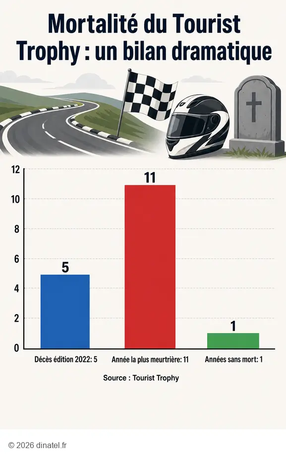 Infographie sur la mortalité du Tourist Trophy : nombre de décès en 2022 et pic historique.