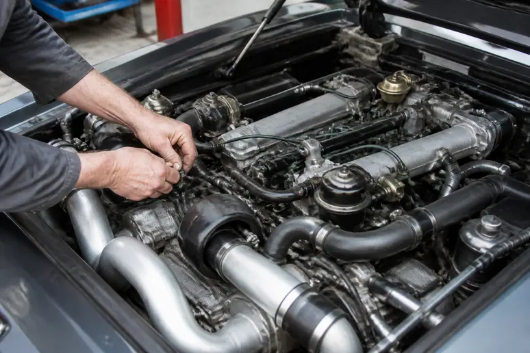 Compartiment moteur V6 PRV turbocompressé d'une sportive Venturi dans un atelier.