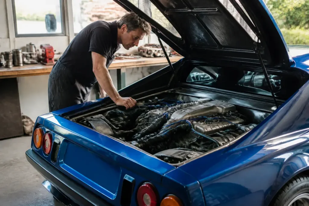 Un mécanicien examine le compartiment moteur d'un coupé Venturi voitures classique dans un atelier baigné de lumière naturelle.