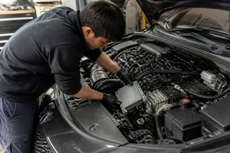 Mécanicien contrôlant le compartiment moteur et le circuit électrique d'une voiture coréenne fiable.