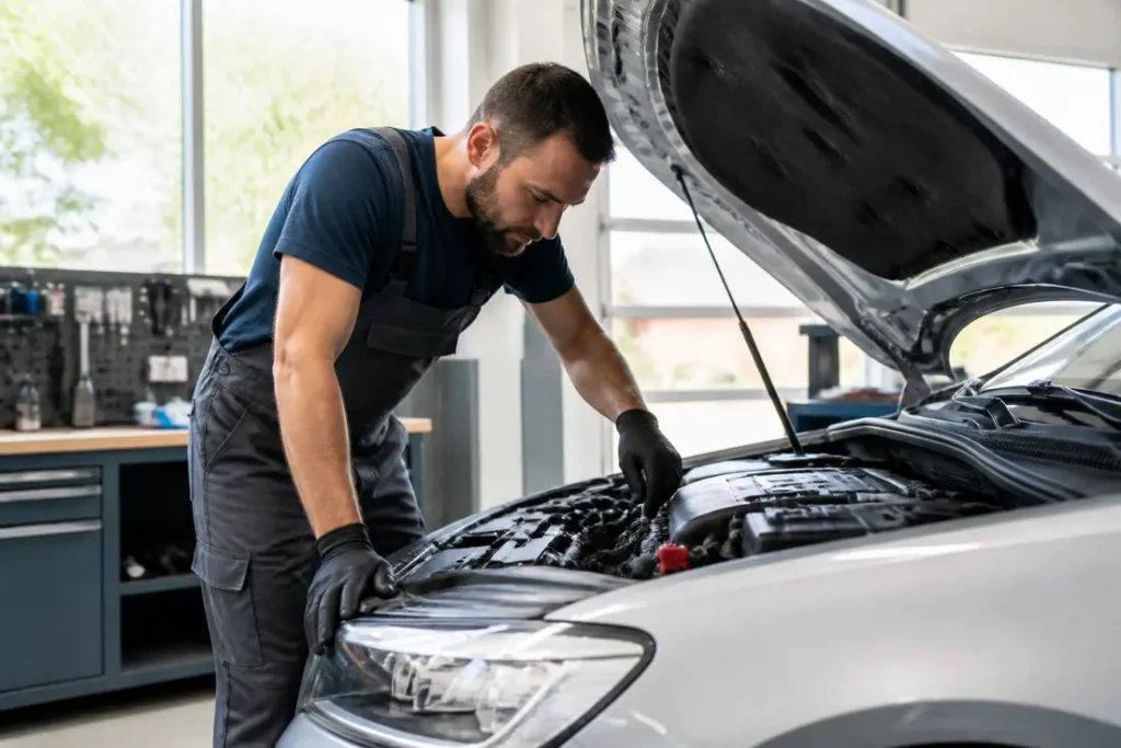 Voiture coréenne fiable : le bilan sur Kia et Hyundai Un mécanicien inspecte le compartiment moteur d une voiture coréenne fiable dans un atelier automobile moderne