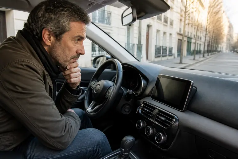 Un homme réfléchit à la voiture qui consomme le moins, contemplant son tableau de bord hybride.
