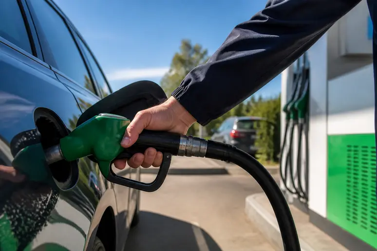 Main remplissant un réservoir avec du carburant E85, soulignant la voiture qui consomme le moins.