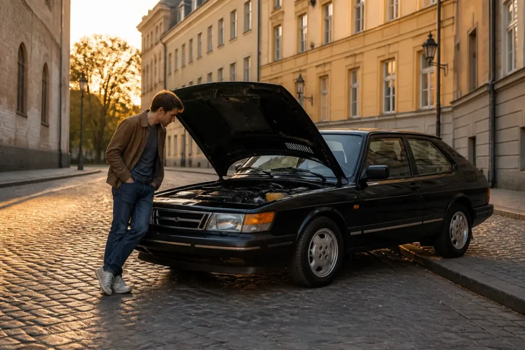 Pourquoi voitures Saab passionnent les collectionneurs lors d'une inspection mécanique au coucher du soleil.