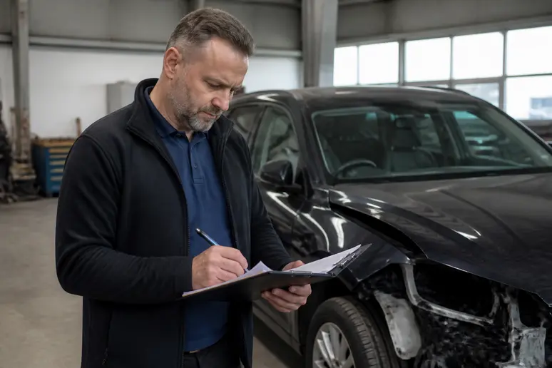 Expert automobile évaluant les dégâts d'une voiture RSV pour estimer les réparations.
