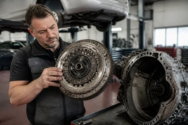 Examen d'un volant moteur fatigué et de son mécanisme d'embrayage usé