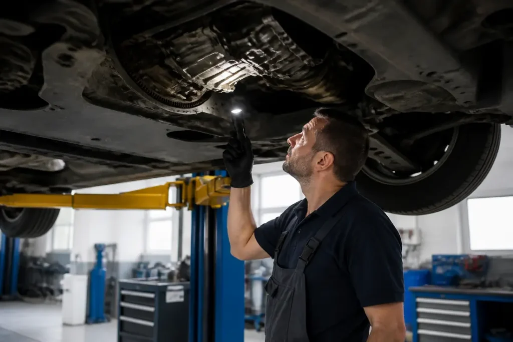 Mécanicien inspectant le système d'embrayage pour identifier les symptômes de volant moteur bi-masse signes fatigue dans un atelier.