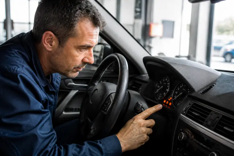 Un mécanicien français examine un voyant orange sur le tableau de bord d'une BMW, cherchant la signification du voyant bmw.
