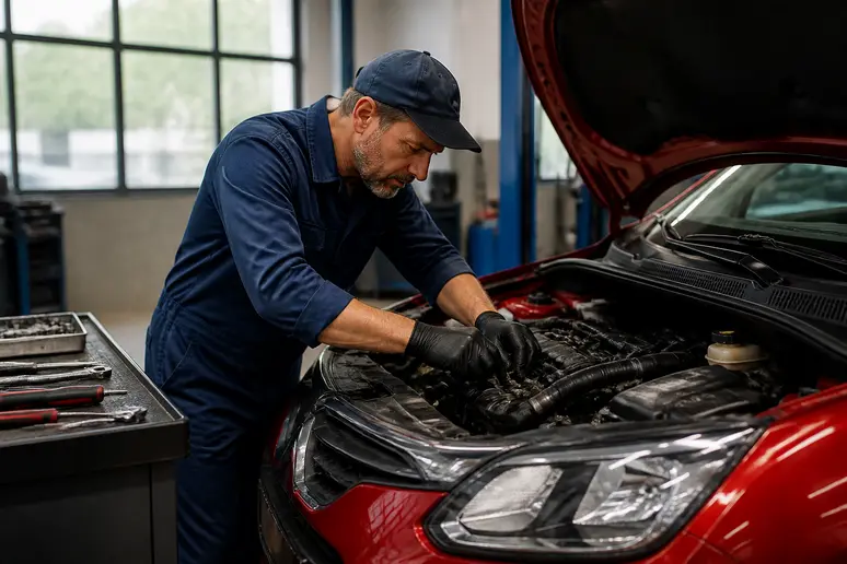 Mécanicien français examinant le moteur d'une Citroën C3, voyant citroen c3.