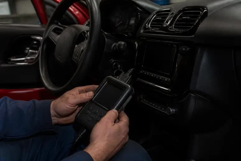 Scanner OBD branché sur une Citroën C3, affichant des codes de diagnostic, voyant citroen c3.