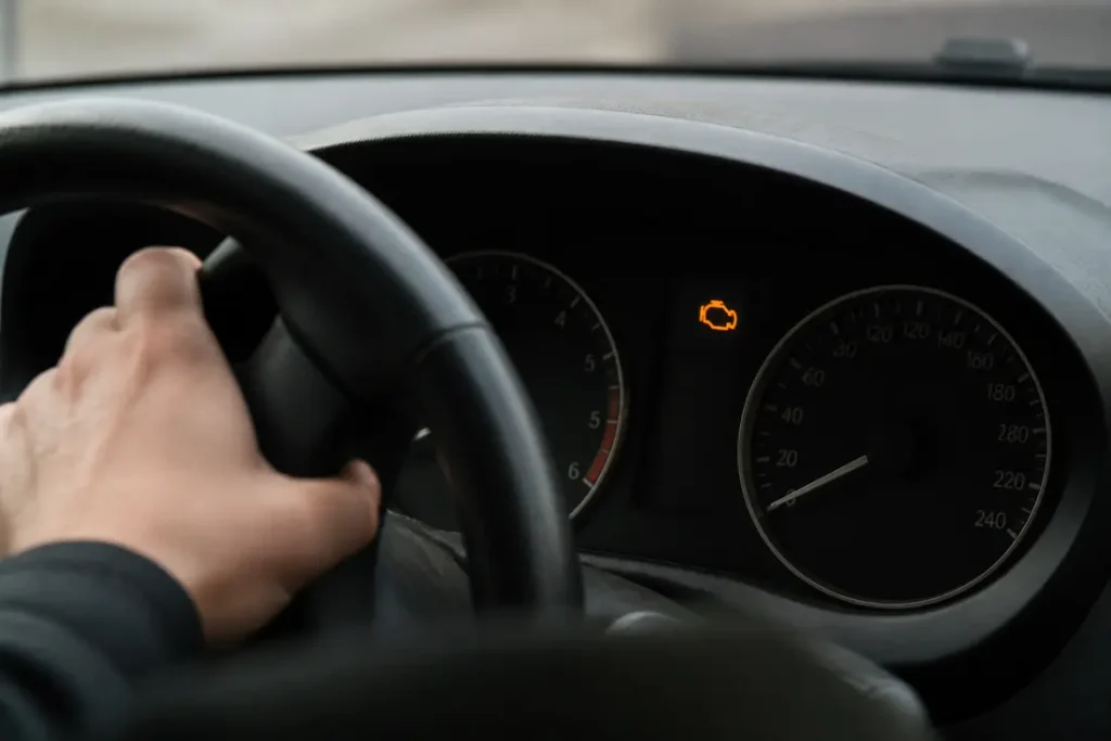 Gros plan sur le tableau de bord avec un voyant orange voiture dans un cercle allumé