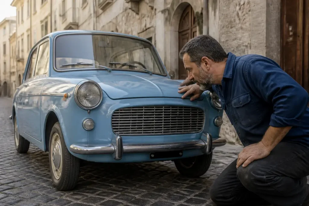 Autobianchi histoire et modèles illustrée par une Bianchina classique garée dans une rue pavée