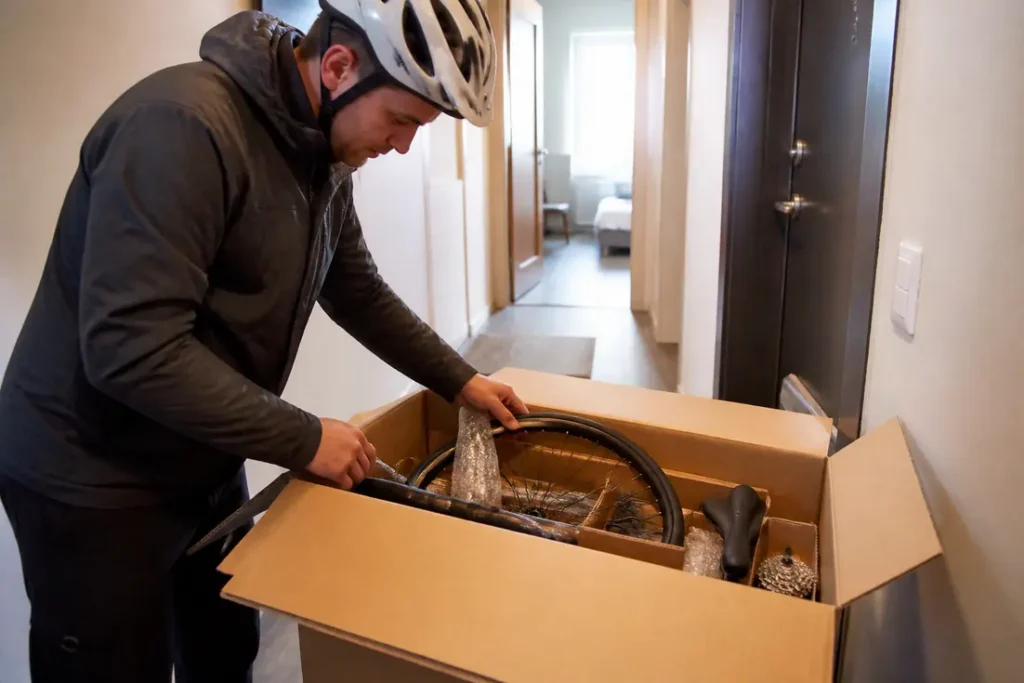 Un cycliste ouvre un colis de pièces détachées avec Bikeinn avis fiable pour son vélo.