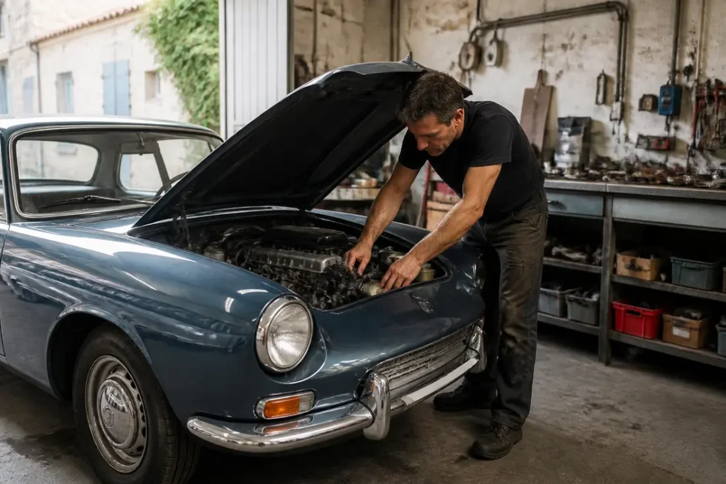 Acheter une voiture Wheeler Dealers France via le casting Mécanicien inspectant le moteur d'un véhicule classique pour acheter voiture Wheeler Dealer France dans un atelier