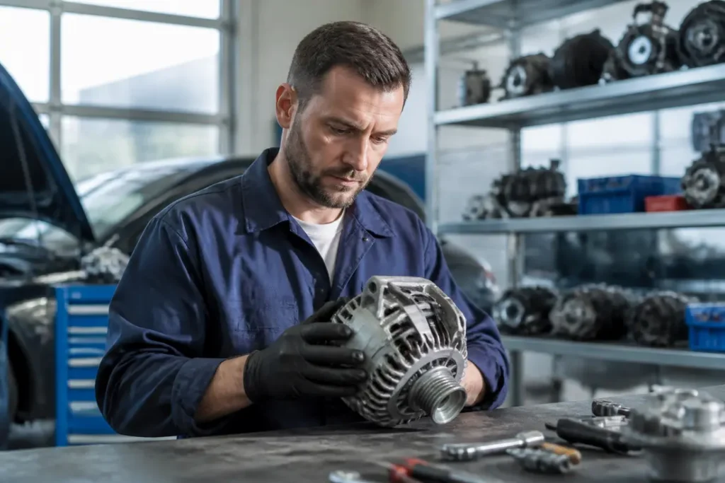Un mécanicien inspecte une pièce mécanique dans un atelier avec GPA pièces auto recyclées.