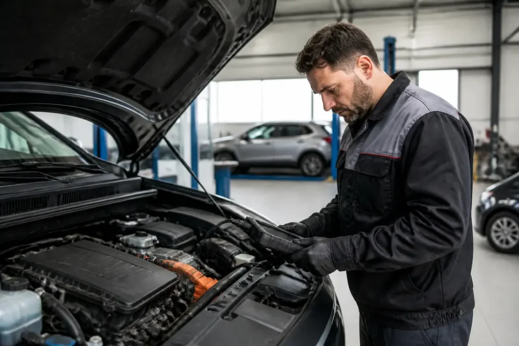 Un mécanicien effectue un diagnostic sur le moteur d'un véhicule alors qu'on étudie comment fonctionne diesel hybride en atelier.