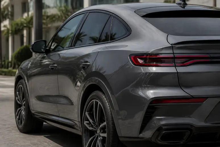 Mercedes GLC Coupé stationné sur une route montrant sa silhouette de SUV