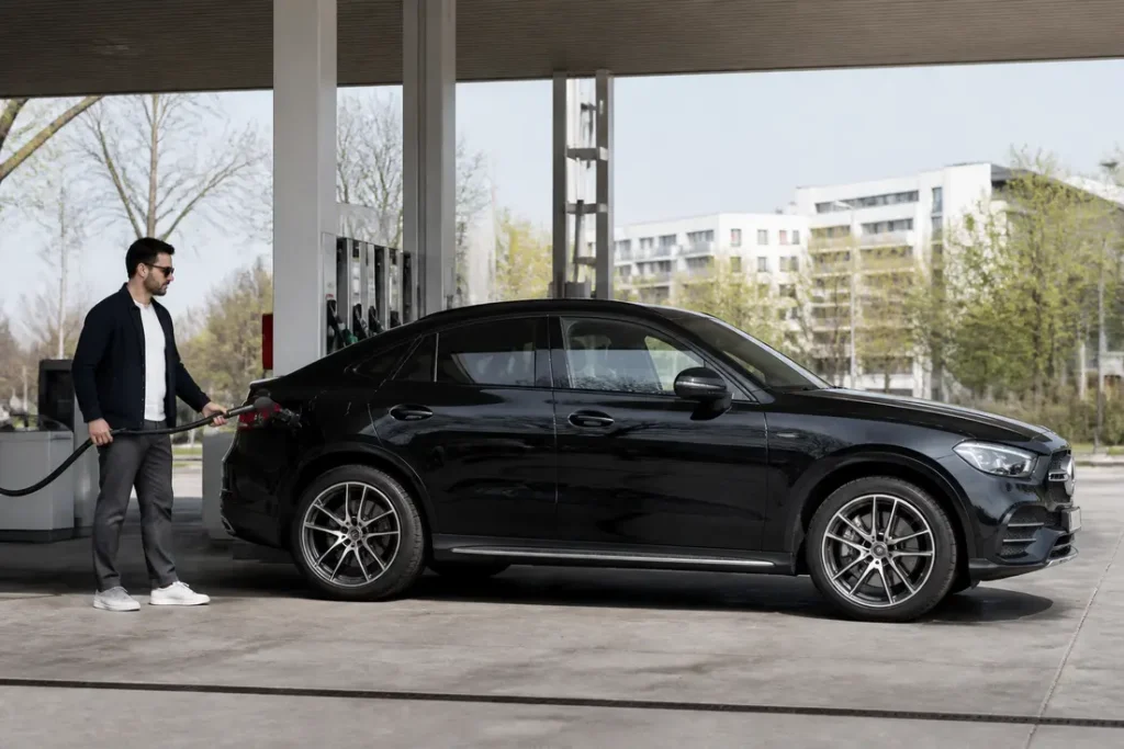 Un conducteur à côté de son véhicule pour choisir motorisation GLC coupé lors d'un arrêt
