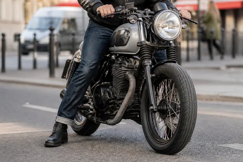 Motard posant les pieds à plat au sol sur sa honda shadow 125 lors d'un arrêt urbain