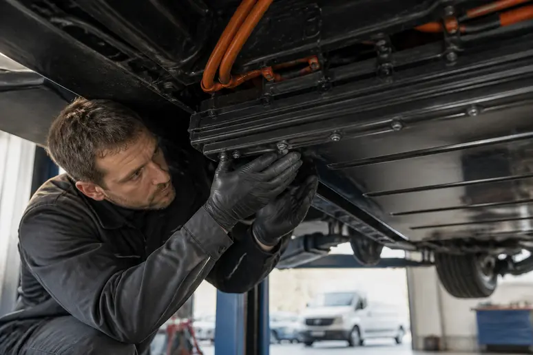 Pack de batteries haute tension logé sous le châssis d'un utilitaire hybride professionnel
