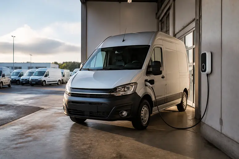Utilitaire hybride professionnel raccordé à sa borne de recharge au sein d'un dépôt d'entreprise