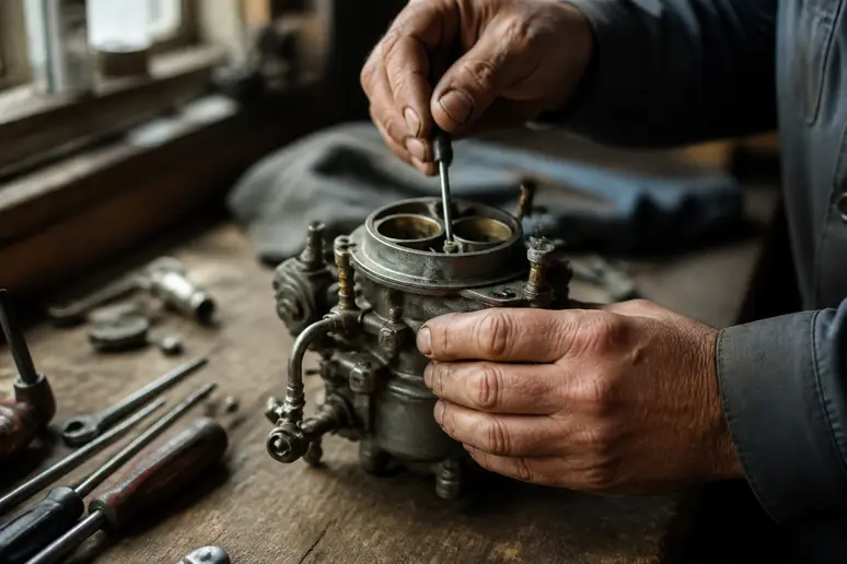 Mains d'un mécanicien ajustant un carburateur de voiture de course ancienne dans un atelier