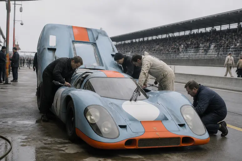 Prototype de voiture de course d'endurance stationné dans la voie des stands d'un circuit