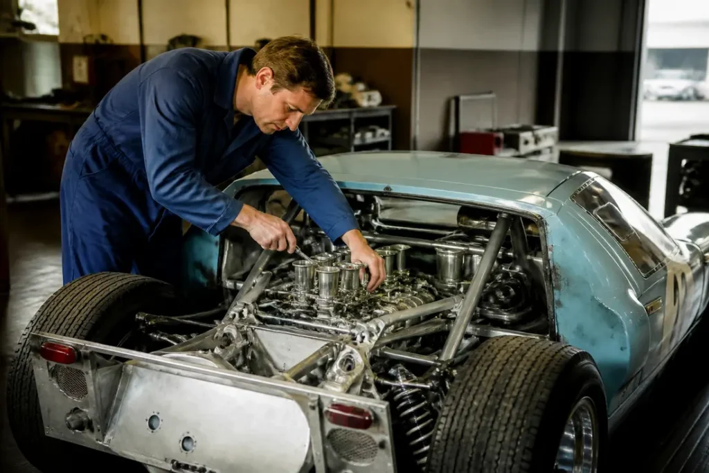 Un mécanicien inspecte le moteur d'une voiture de course pour comprendre qui était vraiment Ken Miles.