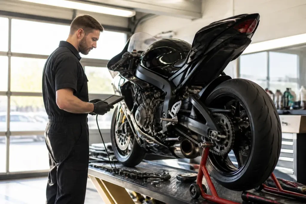 Un mécanicien effectue un diagnostic sur une sportive dans un atelier lumineux pour trouver la moto la plus rapide du monde.