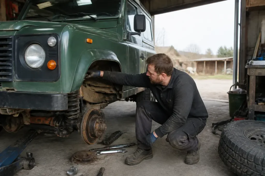 Un mécanicien inspecte un ancien Land Rover Defender dans un atelier pour savoir comment reconnaître un landiste