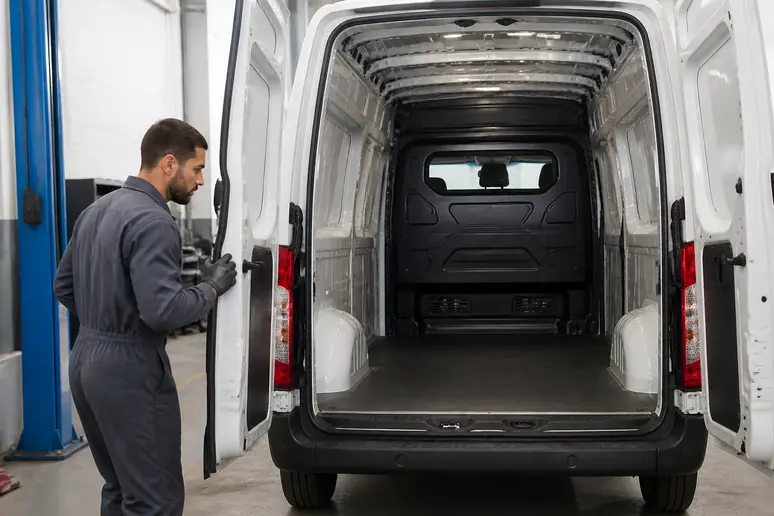 Ouverture des portes arrière d'un grand utilitaire Maxus pour vérifier le volume de chargement